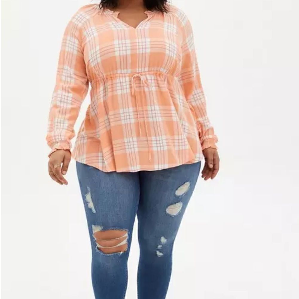 TORRID Rayon CrepeTie Waist Peasant smocked neck long sleeves elasticized cuffs